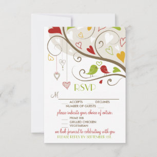 Cartes de réponse jolis oiseaux amoureux vert et r