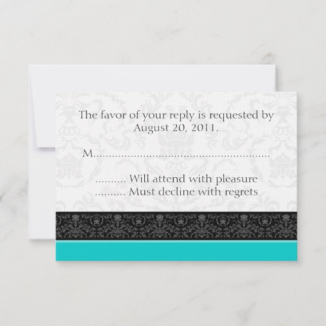 Cartes de réponse Mariage damassé RSVP Turquoise & (Devant)