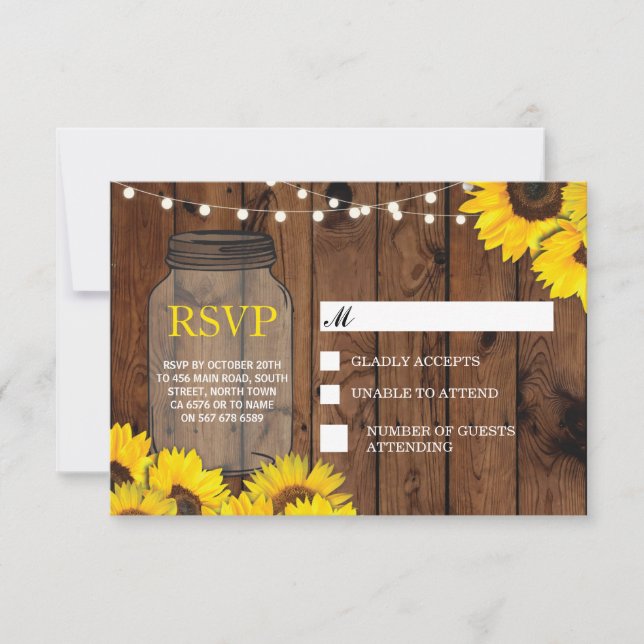 Cartes de réponse Mariage Jar Rustique Tournesols (Devant)