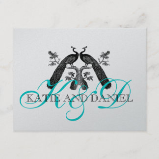 Cartes de réponse mariage Peacocs Monogramme Argen