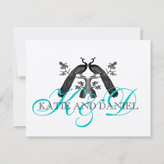Cartes de réponse mariage Peacocs Monogramme Argen (Devant)