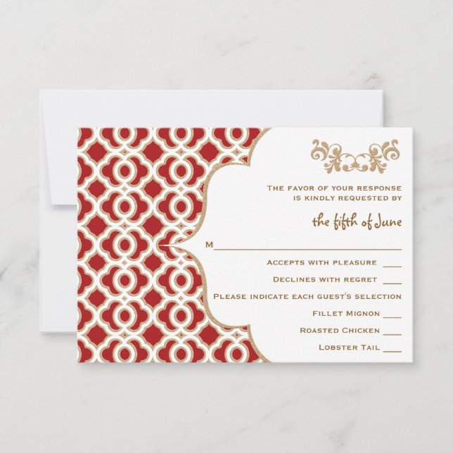 Cartes de réponse Mariage rouge et or marocain (Devant)