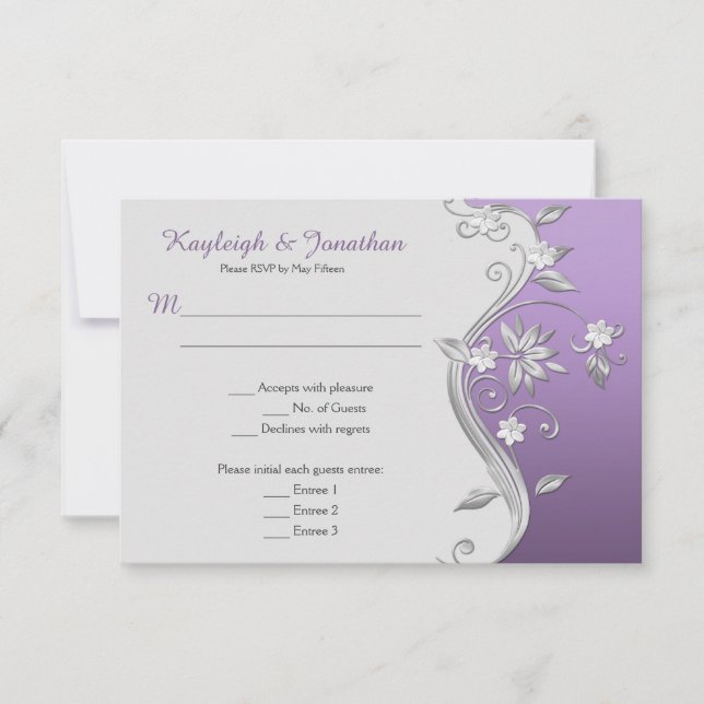 Cartes de réponse ornées de fleurs violettes et ar (Devant)