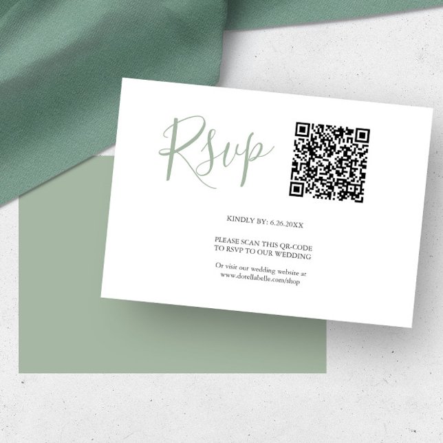 Cartes de réponse QR code Vert sauge (Wedding rsvp cards with qr-code sage green by Victoria Grigaliunas of Do Tell A Belle)