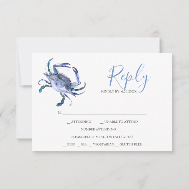 Cartes de réponse RSVP Crabe Bleu Clair Aquarelle (Devant)