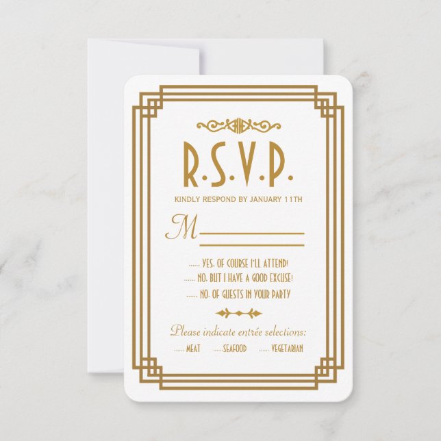 Cartes de réponse RSVP de mariage blanc Art déco s (Devant)