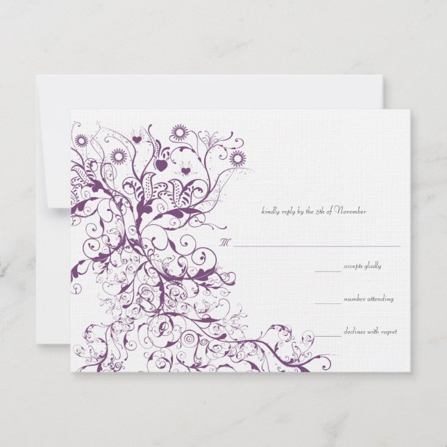 Cartes de réponse RSVP de mariage Plum Birds & Swi (Devant)
