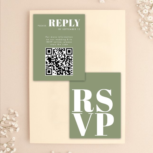 Cartes de réponse RSVP de style vert sauge avec QR (Front / Back)