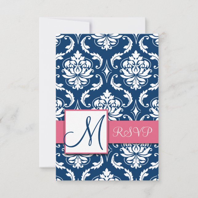 Cartes de réponse RSVP initiale en damas bleu pour (Devant)