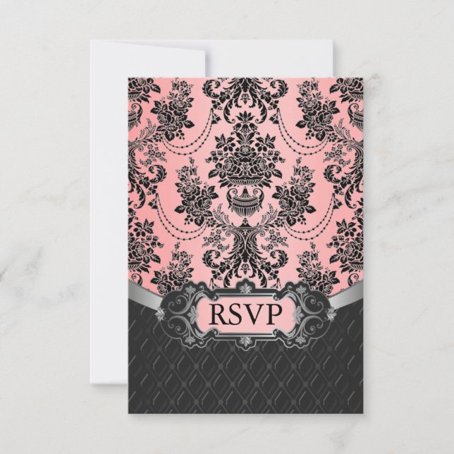 Cartes de réponse RSVP Mariage damassé rose (Devant)