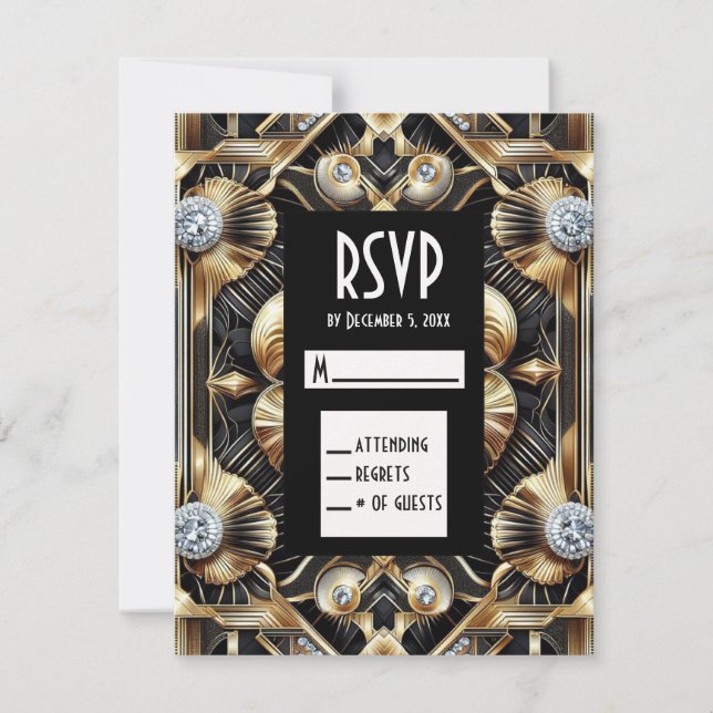 Cartes de réponse RSVP noir et or Art déco diamant (Devant)