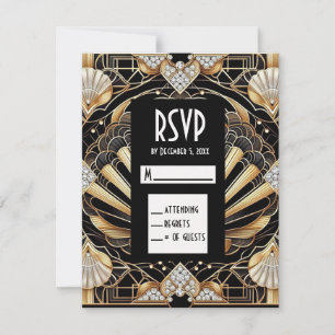Cartes de réponse RSVP noir et or Art déco en form