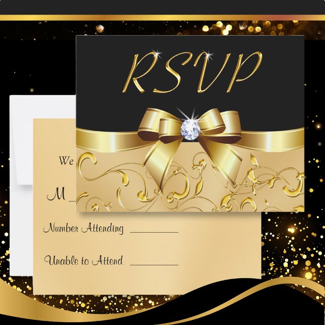 Cartes de réponse RSVP noir et or personnalisables (Anniversary RSVP Cards. RSVP cards for Wedding. Black and Gold RSVP Cards. Anniversary RSVP Cards.)