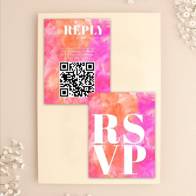 Cartes de réponse RSVP rose et orange pour QR Code (Front / Back)