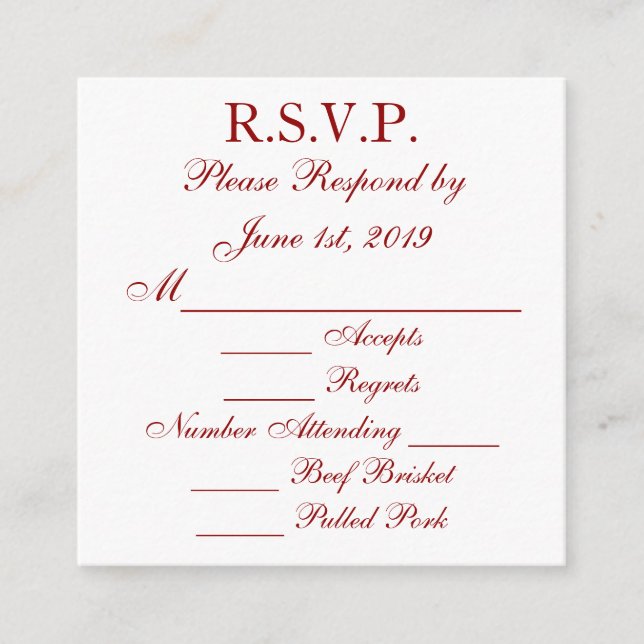 Cartes de réponse RSVP Rouge foncé et Blanc (Devant)