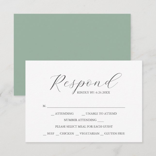 Cartes de réponse RSVP Vert Sauge avec choix de re (Devant / Derrière)