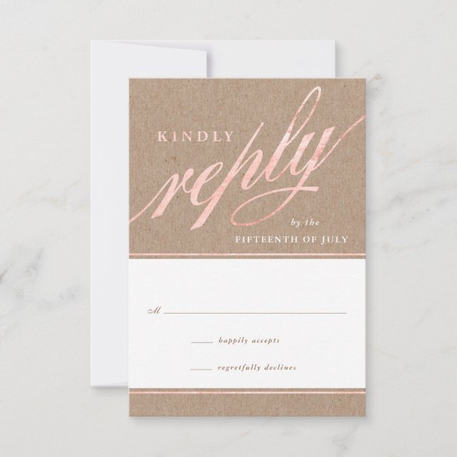 Cartes de réponse Rustique Kraft & Rose Gold Scrip (Devant)