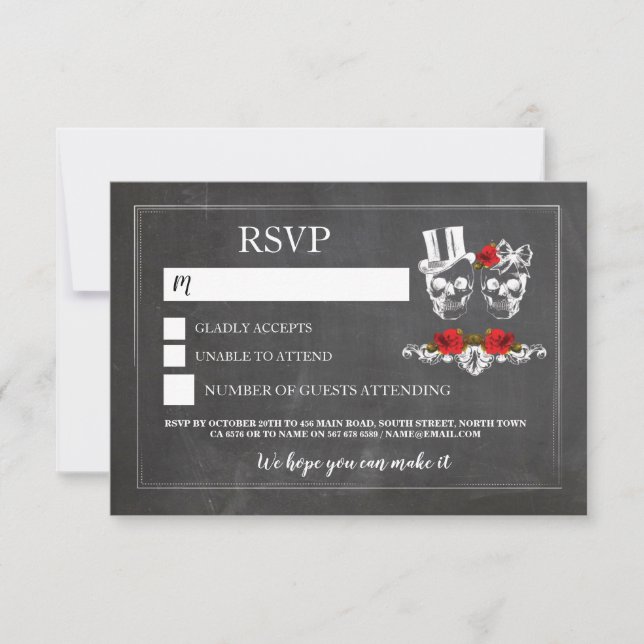 Cartes de RSVP Crânes de Mariage Crânes Roses Crai (Devant)