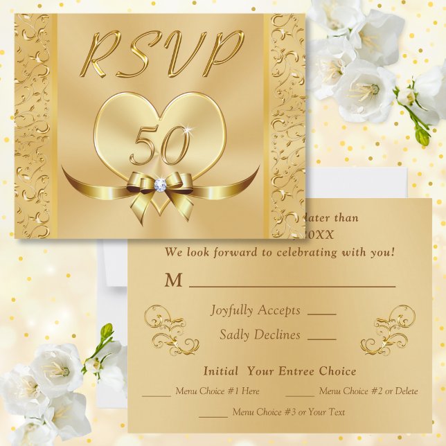 Cartes de RSVP Menu Gold pour les 50 ans de mariag (RSVP Menu Cards. Response Cards for 50th wedding anniversary. 50th anniversary RSVP Cards. Menu RSVP)