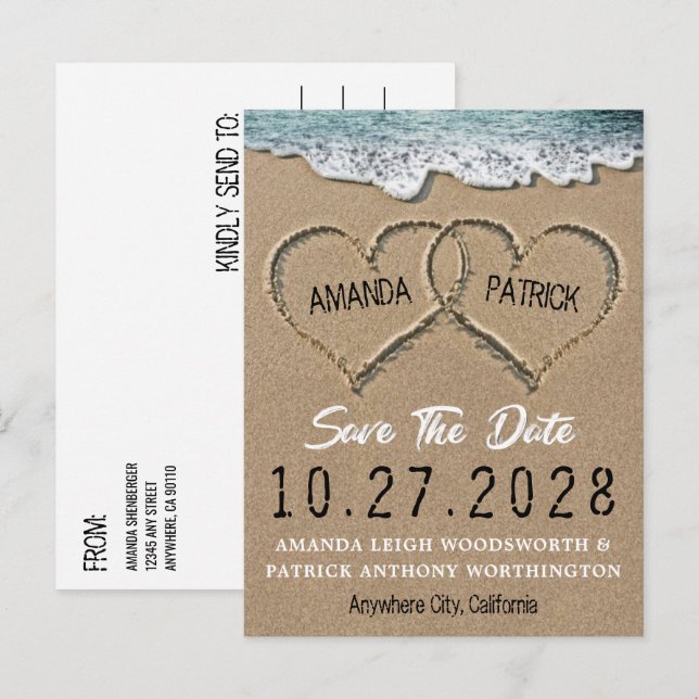 Cartes de sauvegarde de date de plage de coeurs da (Devant / Derrière)