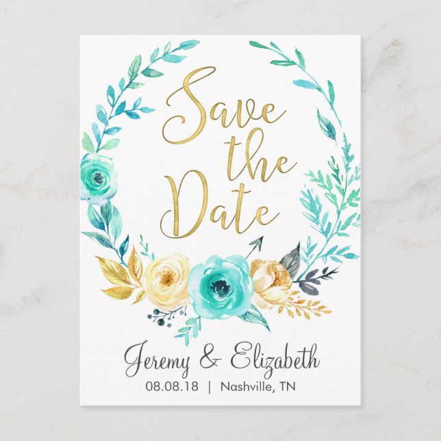 Cartes de sauvegarde de date florales vert d'eau e (Devant)