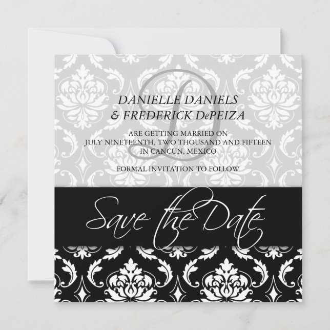 Cartes de sauvegarde de la date Damask noir Monogr (Devant)