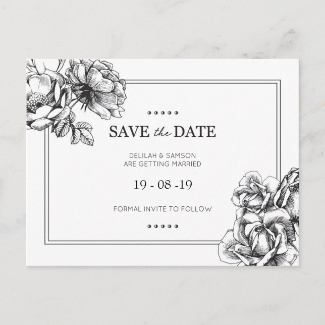 Cartes de sauvegarde de mariage floral monochrome (Devant)