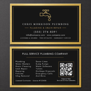 Cartes de services de plomberie Noir métallisé or 