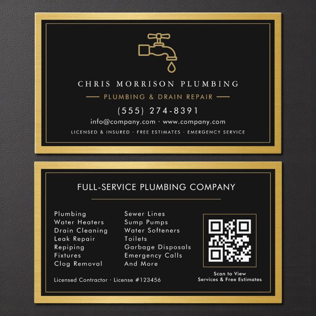 Cartes de services de plomberie Noir métallisé or  (Créateur téléchargé)