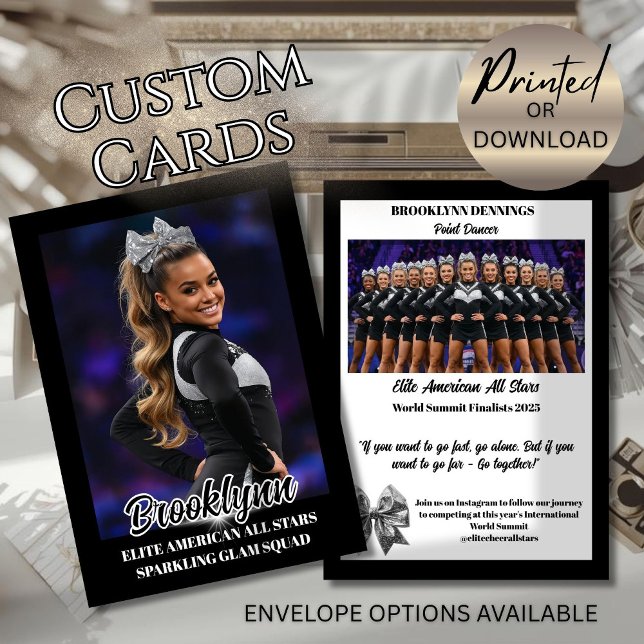 Cartes de signature de meneuse de claque d'équipe  (Cheerleader custom promo cards for cheer, dance, gymnastics teams and individual competitors)