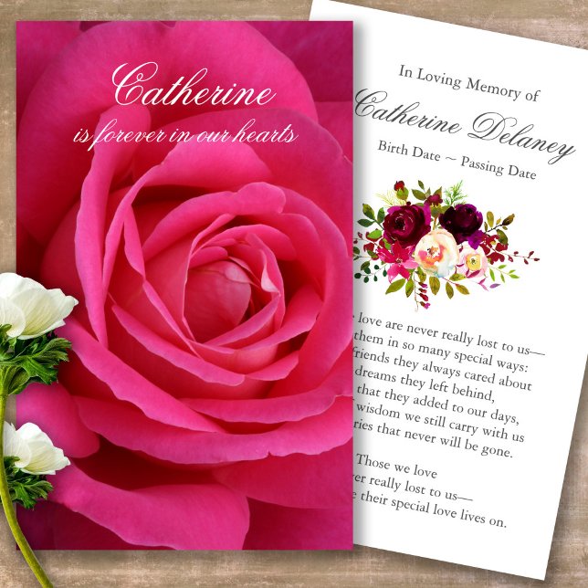 Cartes de Sympathie pour les funérailles de Rose M (Forever in our hearts, celebration of life, in loving memory of, prayer cards for bereavement)