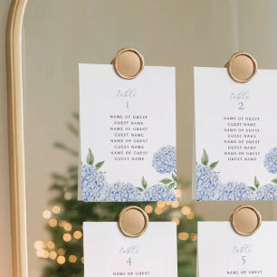Cartes de table aux hortensias bleus avec noms d'i