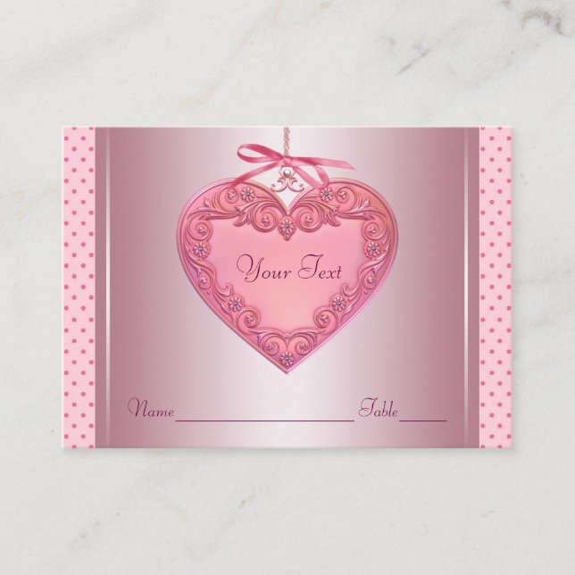 Cartes de table de mariage à nom de cœur rose (Devant)