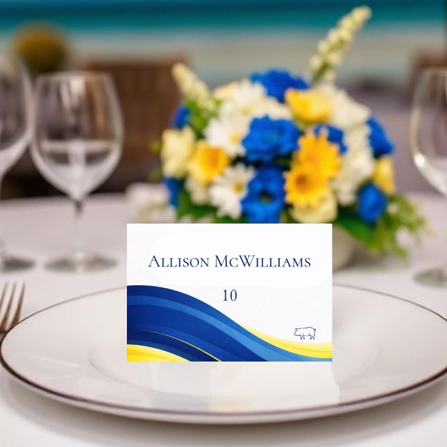 Cartes de Table de Mariage Bleu et Jaune avec Icôn (Blue and Yellow Wedding Place Cards Pork Icon)