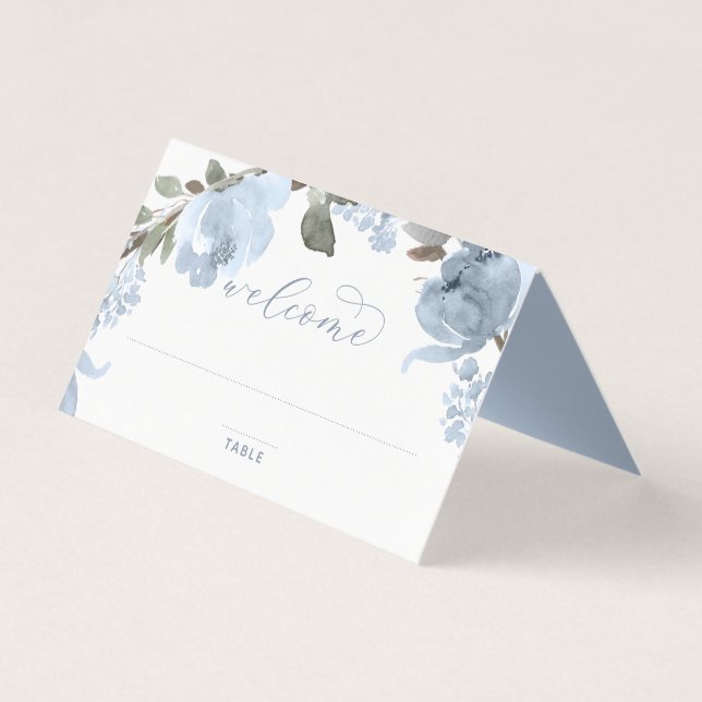 Cartes de Table de Mariage Bleu Poussiéreux Aquare (Front)
