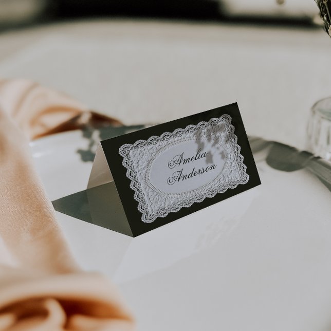 Cartes de table de mariage en dentelle noire et bl (Créateur téléchargé)