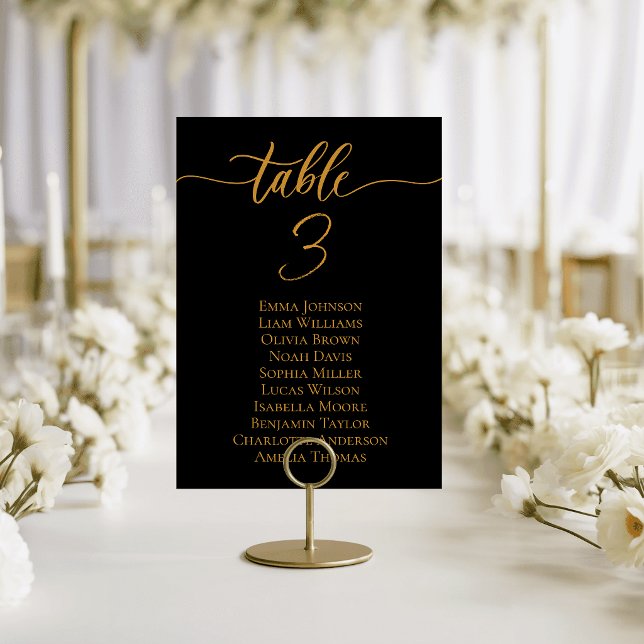 Cartes de Table de Mariage en Or Noir Moderne Plan (Modern Black Gold Wedding Table Cards Seating Plan)
