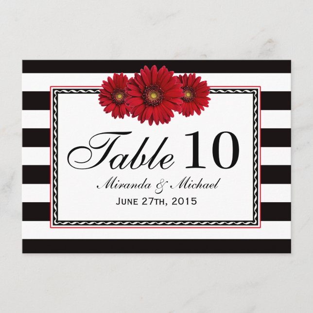Cartes de table de mariage Fleurs rouges et rayure (Devant)