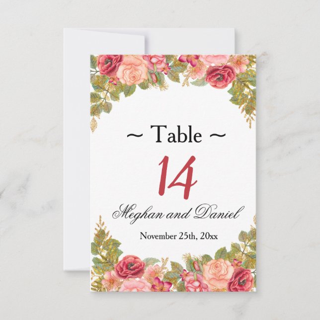 Cartes de table de réception à aquarelle Roses & P (Devant)