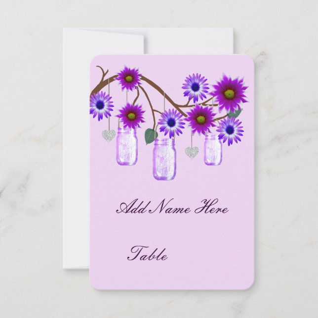 Cartes de table en bocaux Mason avec fleurs violet (Devant)