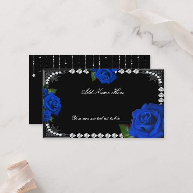 Cartes de Table Fleurs Roses Bleues Romantiques et (Devant/Arrière en situation)