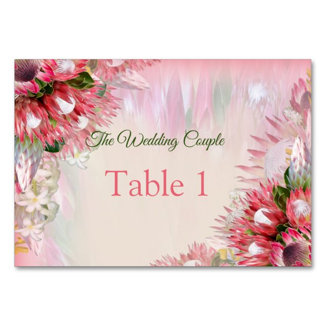 Cartes de table Fuschia Protea - rose et or (Devant)