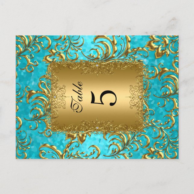 Cartes de table numéro sarcelle Damassé (Devant)
