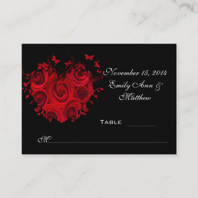 Cartes de table papillon Roses Cœur Rouge & Noir (Devant)