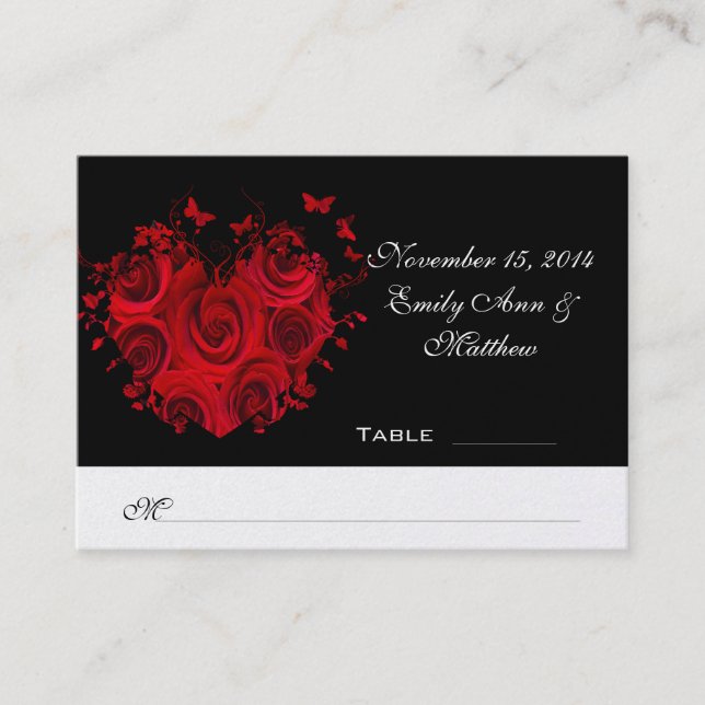Cartes de table papillon Roses Cœur Rouge & Noir (Devant)