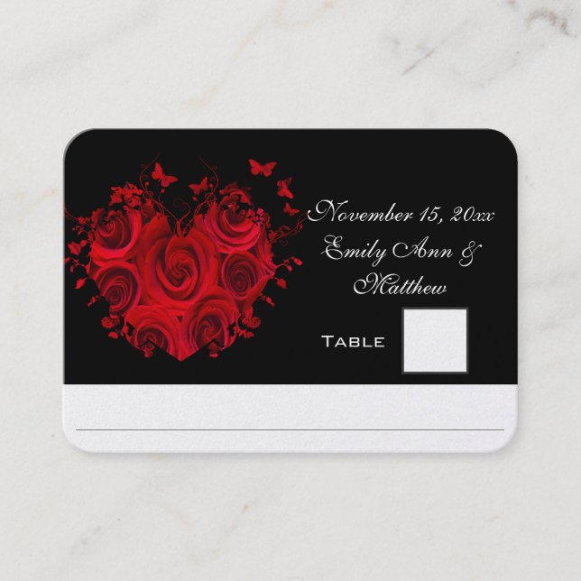 Cartes de table papillon Roses Cœur Rouge & Noir (Devant)