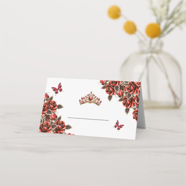 Cartes de table papillon Roses dorées rouges (Devant)