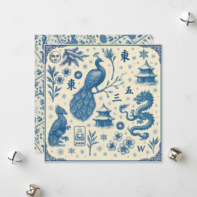 Cartes de vacances - Toile Mahjong - Plat recto-ve (Devant/Arrière en situation)