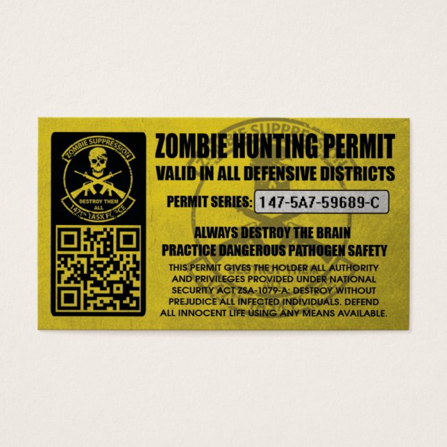 Cartes De Visite 147e Permis de chasse de l'Équipe spéciale zombie (Devant)