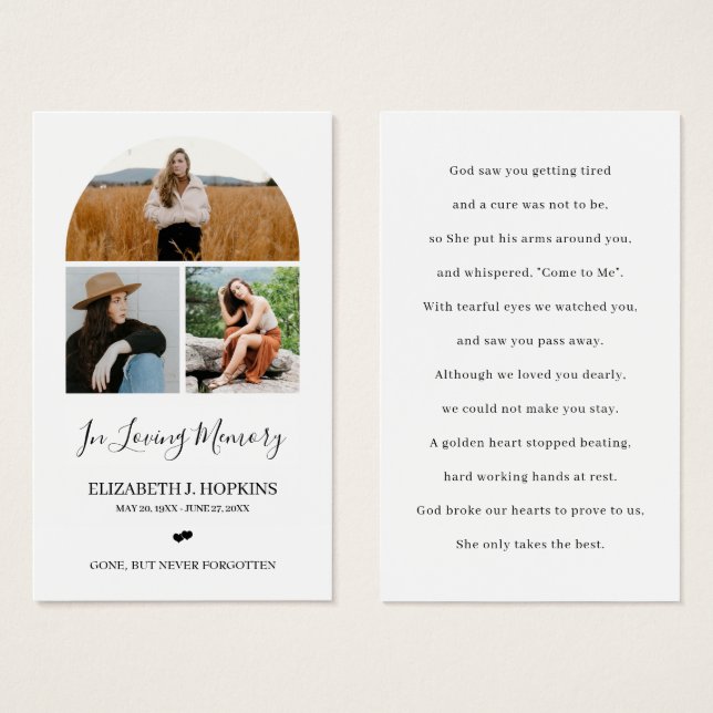 Cartes De Visite 3 Photo Collage Arch Funeral Memorial Prayer Cards (Devant & derrière)